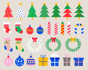 Festive christmas decorations including trees stockings ornaments and gifts