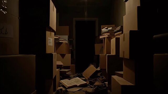 Dark messy room filled with piles of cardboard boxes and old books under dim light