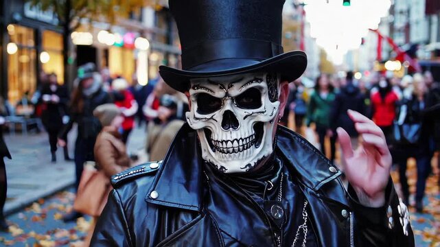 Person in skeleton mask and leather jacket at street festival