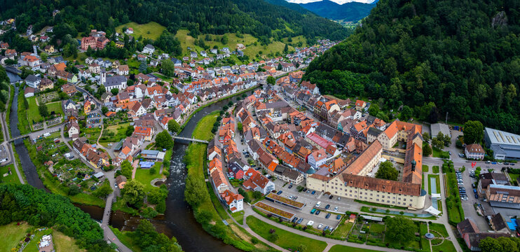 Aerial panoramic view of the city Wolfach in Germany on a sunny spring day