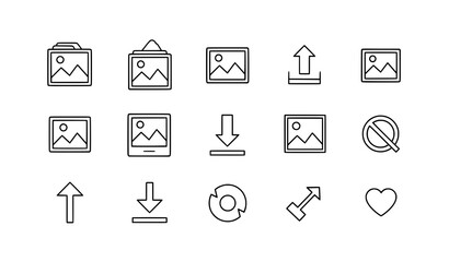 Fototapeta premium Minimal outline photo gallery and image action icons vector for UI design
