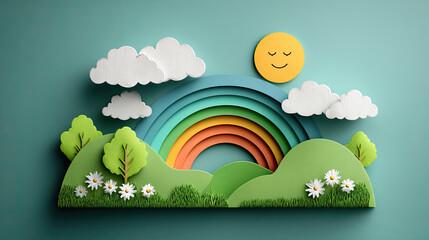 Fototapeta premium Paper Art Rainbow Landscape with Sun Clouds and Green Hills.