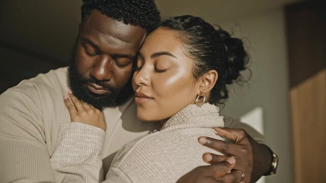 portrait of a young a plus-size couple, quiet intimate moment, neutral tones