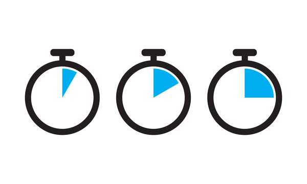 Progressive time segments on circular clocks isolated on white background