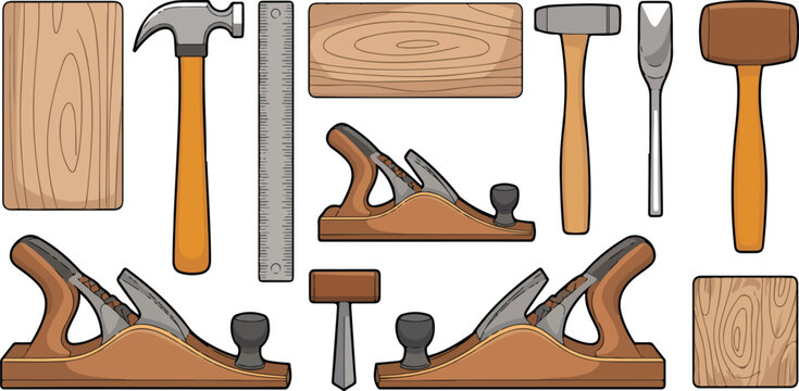 *Woodworking Tools Icon Set &ndash; Planes, Chisels, Mallets, and Wood Pieces