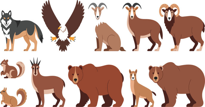 Wild Animal Characters Vector Set &ndash; Wolves, Eagles, Chamois, Marmots, and Bears