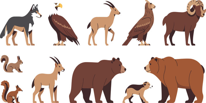 Wild Animal Characters Vector Set &ndash; Wolves, Eagles, Chamois, Marmots, and Bears