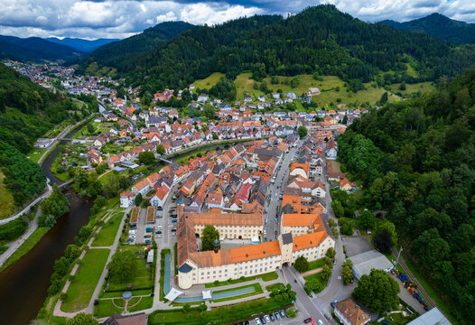 Aerial panoramic view of the city Wolfach in Germany on a sunny spring day