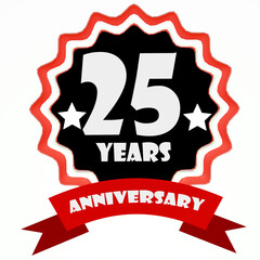 Celebrating 25 years anniversary label with red ribbon. 3d render.