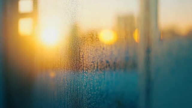 Wet glass window covered in condensation and water droplets, soft bokeh of warm sunrise city lights behind, creating a tranquil, textured, atmospheric glow