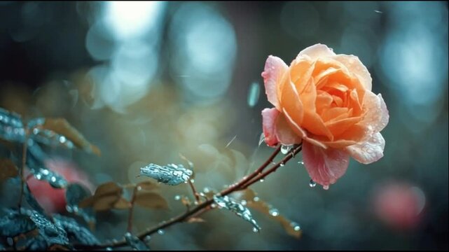 Fresh Pink Rose Flower with Raindrops in Natural Garden