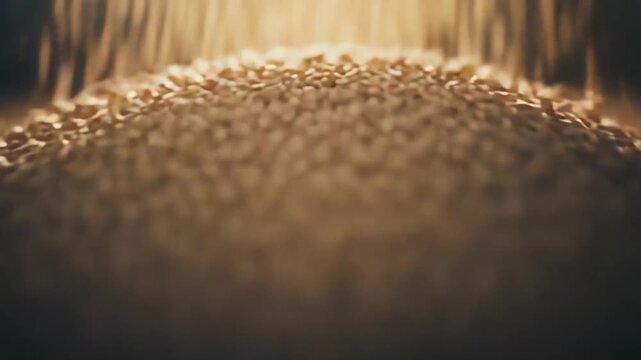 Golden cereal grains pouring onto a large pile of raw organic oats, creating warm, textured layers and soft shallow depth of field for a rustic, natural food close up