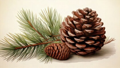 Fototapeta premium Detailed illustration of pine cones and evergreen branch on light background.