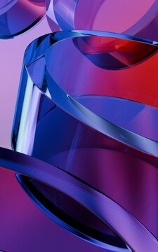 Abstract composition of interwoven, glossy, translucent ribbons in vibrant blue, purple, and red hues, creating dynamic light reflections and flowing forms