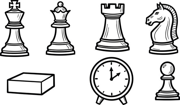 Hand drawn line art close up chess pieces with king queen rook knight pawn clock and box on cream background