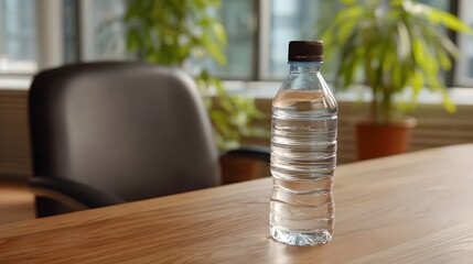 A clear plastic water bottle rests on a wooden desk in a softly blurred office setting with plants