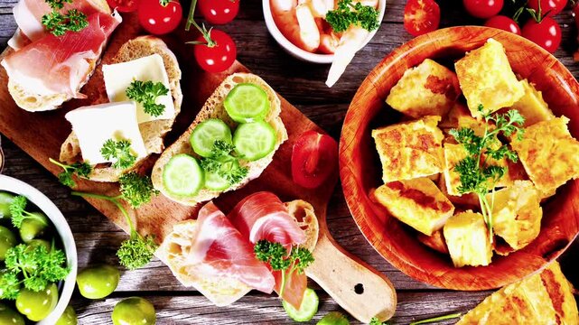 assortment of spanish food tapas, toast, prosciutto ham, tortilla, olive