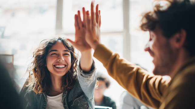 A high-quality lifestyle photo of two happy young startup employees giving a high five during a meeting, celebrating success and teamwork in a bright, modern office environment.