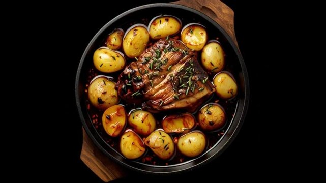 Schwenk &uuml;ber saftigen Braten mit Kartoffeln