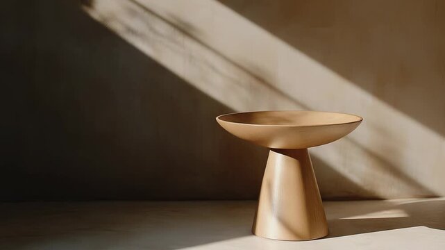Modern wooden pedestal bowl standing in a room with light beige wall and floor. Natural sunlight streaming through a window creating geometric shadow patterns. Conveying a sense of calm and simplicity
