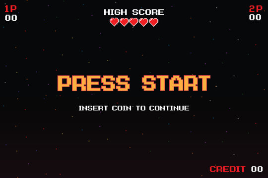 PRESS START. INSERT COIN TO CONTINUE. pixel art 8 bit. retro game. for assets in vector illustrations.	