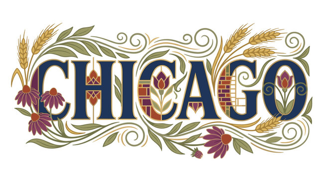 Chicago city name with floral ornaments and wheat vector illustration