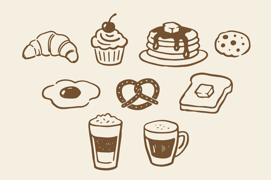 Breakfast food set doodle line art vector illustration
