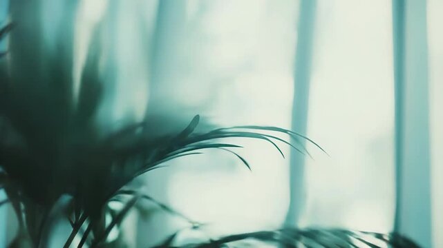 Green palm houseplant leaves are providing a calm, natural background against a soft, defused light coming through a window, bringing a sense of freshness, growth, and domestic tranquility