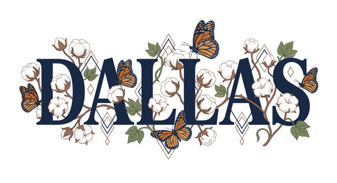 Dallas city name with monarch butterflies and cotton vector illustration