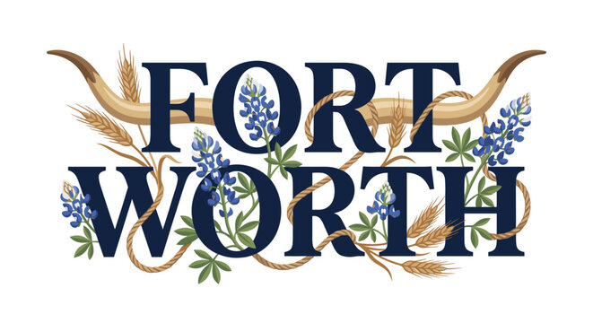 Fort Worth text with longhorns and bluebonnets vector illustration