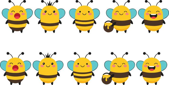 Cute bee cartoon characters collection with different emotions and poses kawaii vector illustration