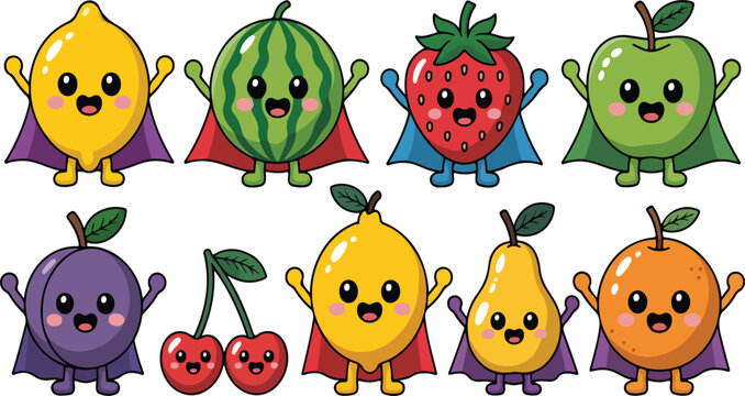 Cute Superhero Fruit Characters Vector Set &ndash; Apple, Lemon, Strawberry, and Watermelon