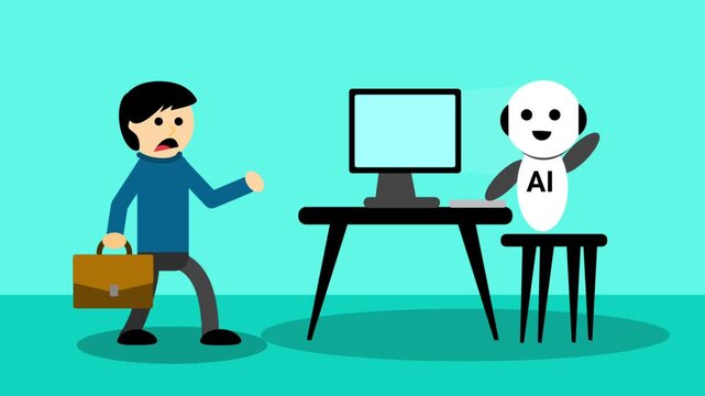 Flat 2D animation of a shocked businessman with a briefcase discovering a white AI robot has taken his place at his office desk.