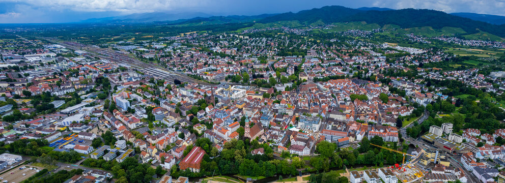 Aerial panoramic view of the city Offenburg in Germany on a sunny spring afternoon.