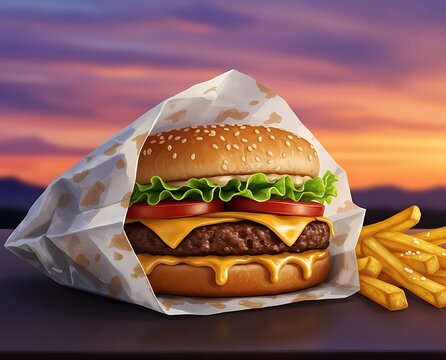 Gourmet beef burger with melting cheddar cheese and fresh lettuce on a sunset background.
