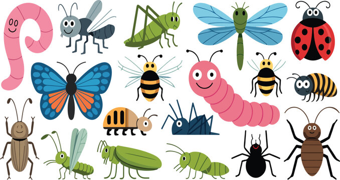Cute Insects and Bugs Vector Set &ndash; Butterflies, Bees, Ants, Worms, and Snails