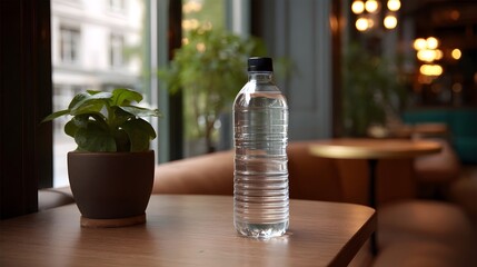 Obraz premium A clear plastic water bottle and a small potted green plant rest on a wooden table inside a softly lit cafe