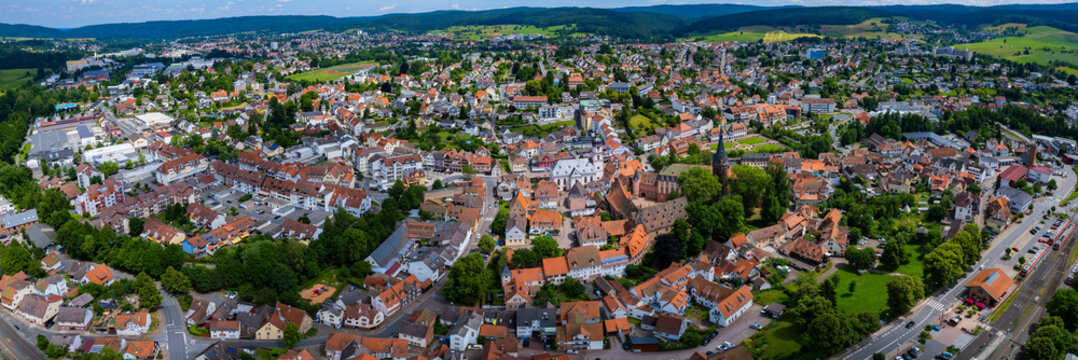 A panoramic aerial view from the old town iof the city in  Erbach im Odenwald in Germany. On a sunny day in spring.
