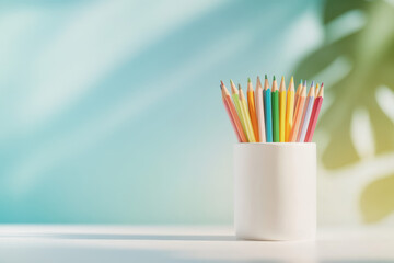 A sleek, white ceramic container holds vibrant colored pencils, standing upright on a pristine tabletop. This minimalist arrangement adds a touch of contemporary elegance to any workspace.