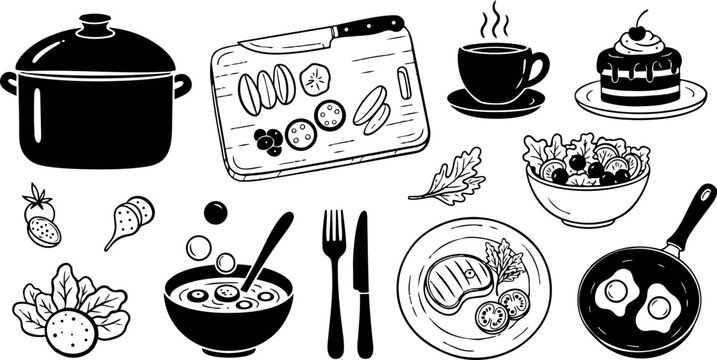 Monochrome vector art of kitchen utensils with cutting board, cooking pot, coffee cup, fried eggs in skillet, salad bowl and plated steak meal