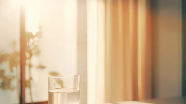 Glass of water on a table in soft morning light, capturing the serene atmosphere of a refreshing start to the day, promoting health and wellness concepts
