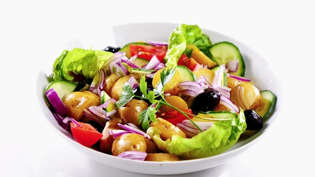 mixed vegetable salad with potato, onion, olive,tomato and cucumber