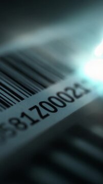 Detailed Close-Up of a Barcode Being Scanned with a Laser Pointer, Highlighting the Reflections and Textures of the Barcode's Surface for Technology Feature