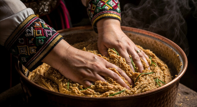 Woman preparing traditional sumalak with hands in warm kitchen  