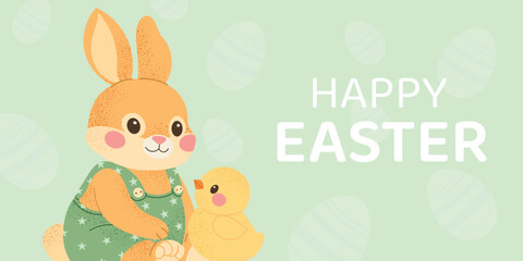Happy Easter banner with cute bunny and little chick. Spring holiday greeting card with adorable animal characters, Easter celebration design. Flat vector illustration.