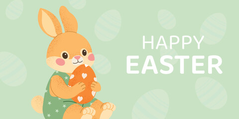 Happy Easter banner with cute bunny holding decorated egg. Spring holiday greeting card with adorable rabbit character and festive Easter symbol. Flat vector illustration
