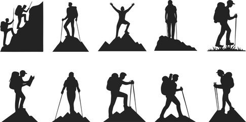 Mountain Adventure Outline Manual Design Set Hiker and Trekking Silhouettes