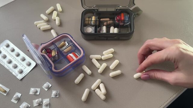 Close up of female hand placing four capsules into pill organizers on table surrounded by tablets