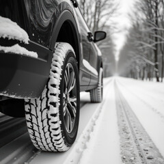 Vehicle with winter tires drives on snowy road surrounded by trees, showcasing serene winter landscape