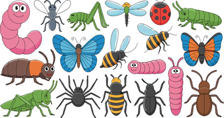 Cute Insects and Bugs Vector Set – Butterflies, Bees, Ants, Worms, and Snails © MDABU